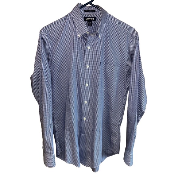 Lands’ End men’s 100% supima cotton button-front blue gingham shirt (15 - 34) - Picture 1 of 4
